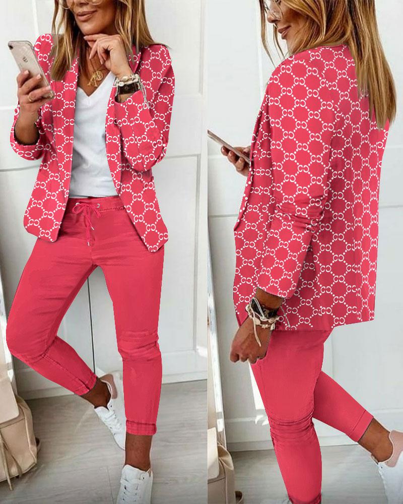 

Geometric Print Long Sleeve Blazer & Pants Set, Red