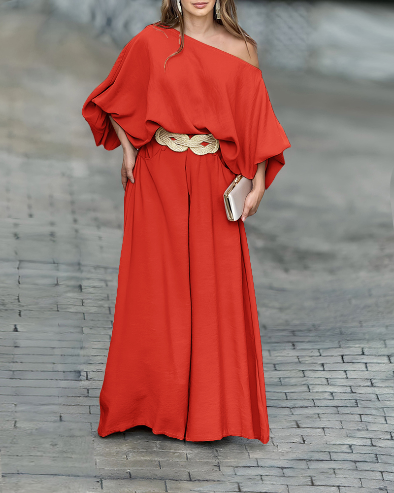 

Skew Neck Lantern Sleeve Top & Wide Leg Pants Set, Red