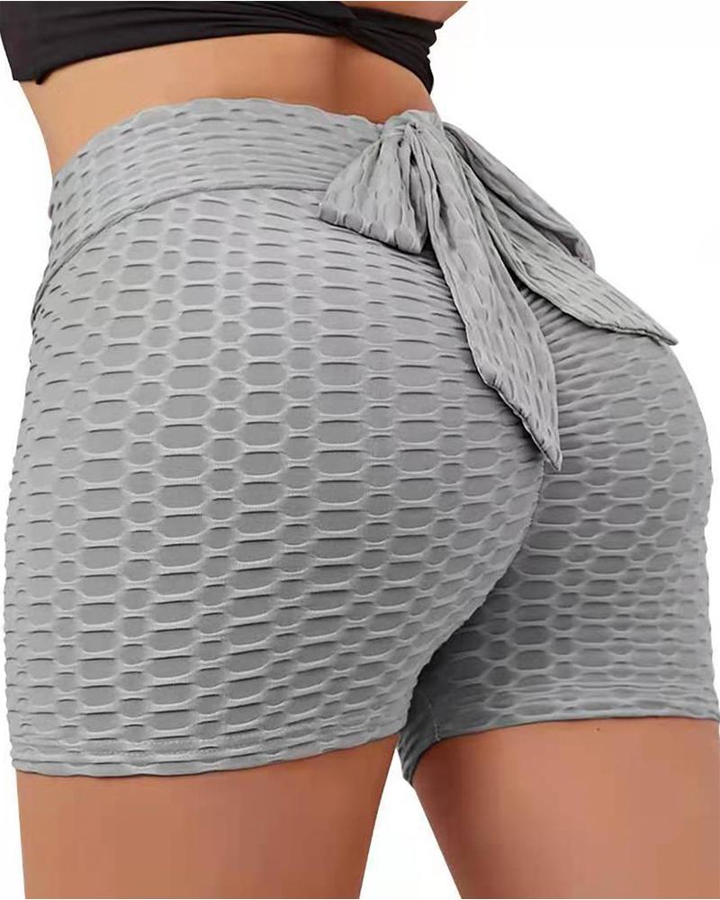 

Bowknot Decor Textured High Waist Yoga Shorts, Gray