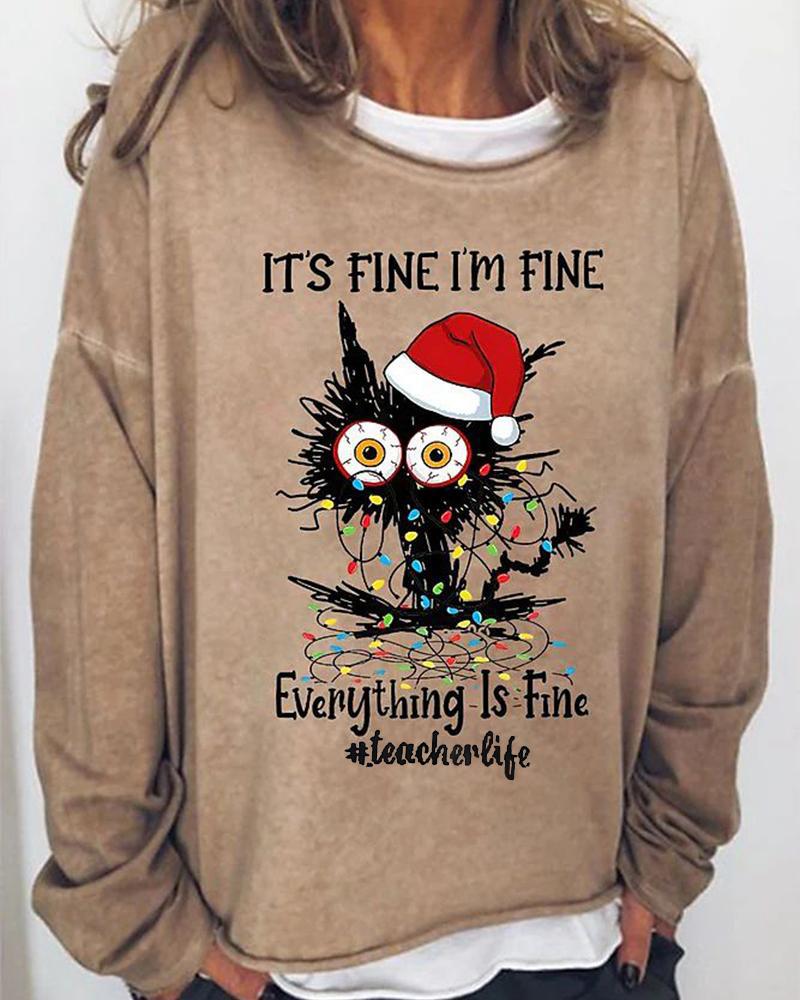 

Christmas Letter Cat Print Long Sleeve Casual Top, Khaki