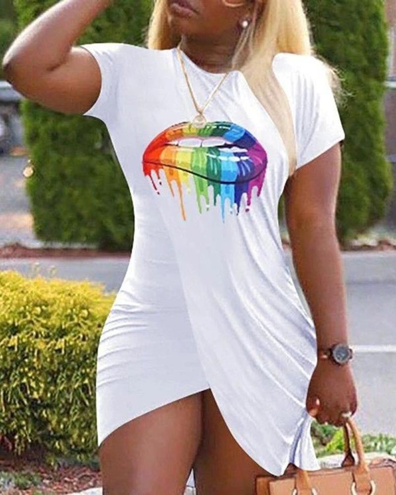 

Short Sleeve Colorful Lip Print Bodyocn Dress, White