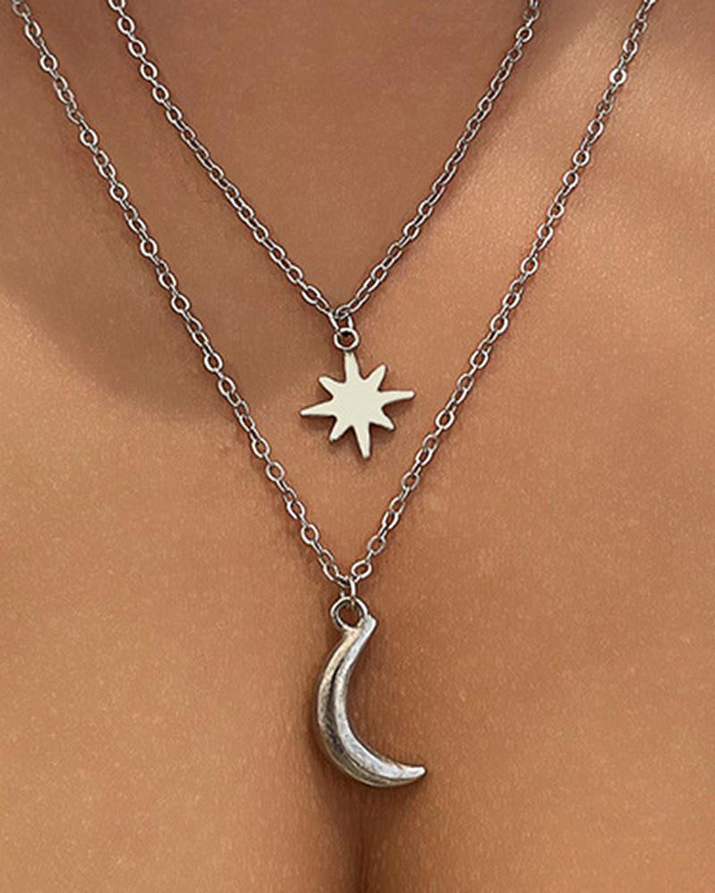 

3pcs Star Moon Pendant Multi Layered Chain Necklace, Silver