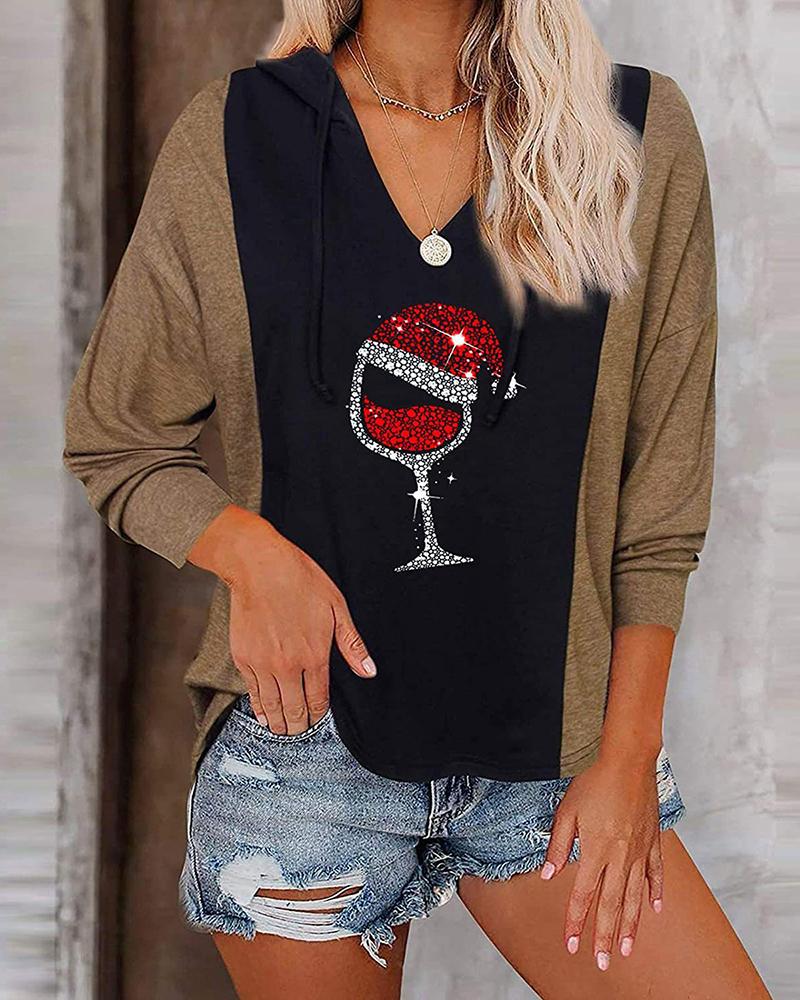 

Christmas Colorblock Red Wine Glass Rhinestone V Neck Top, Coffee