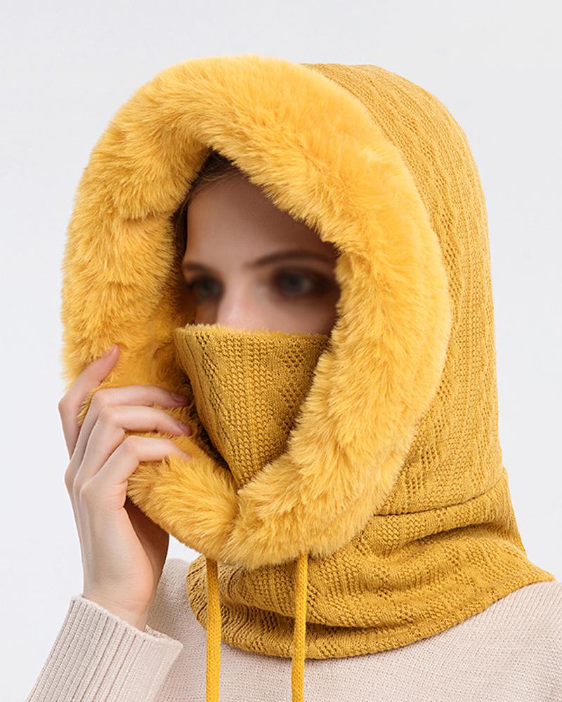 

1pc Fuzzy Trim Fleece Lined Beanie Hat Scarf Mask Drawstring Warm Hooded Winter Balaclava Pullover Cable Knitted Hats, Yellow