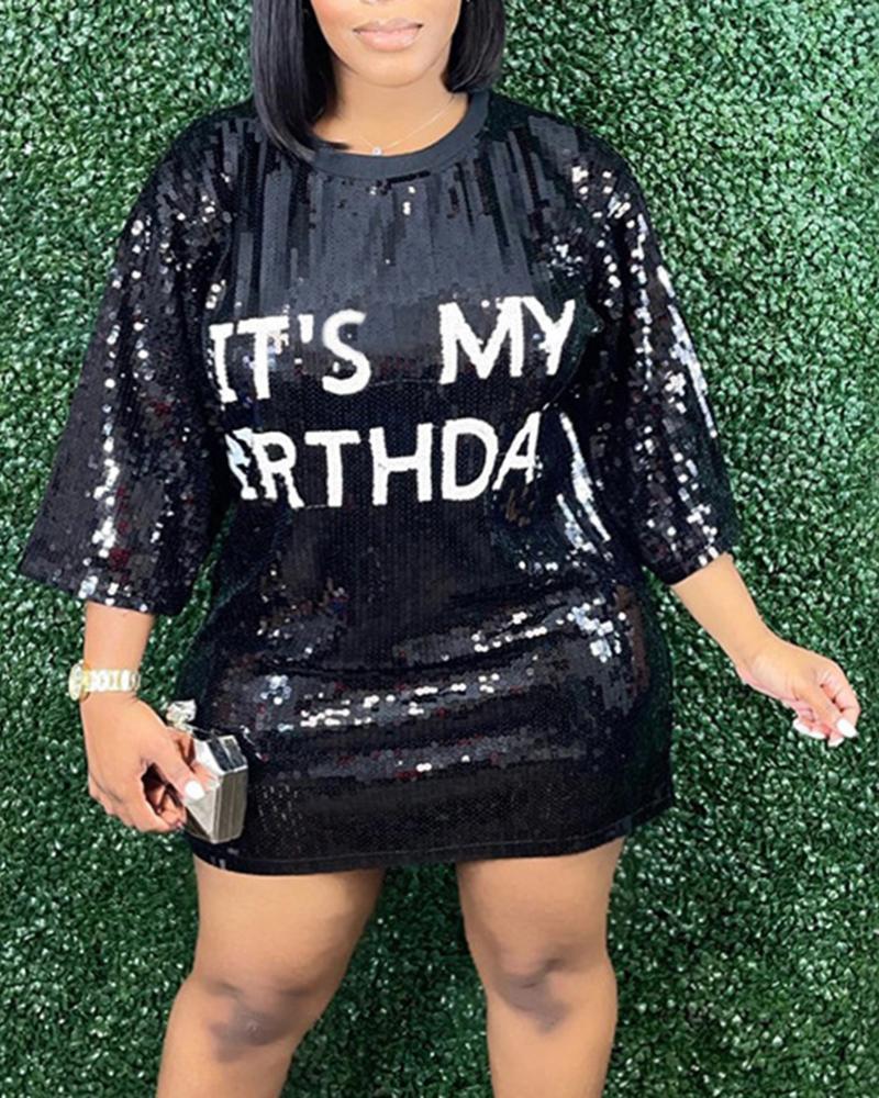 

Plus Size Slogan Pattern Sequin Dress, Black