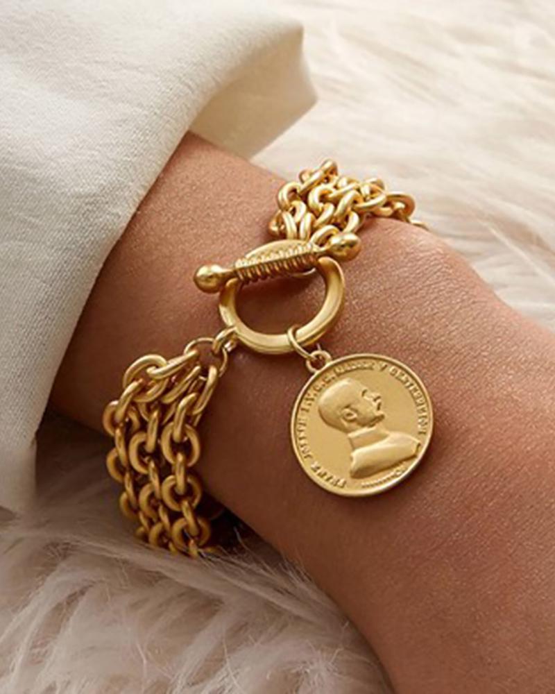 

Coin Pattern Multi Chain Strap Bracelet, Gold