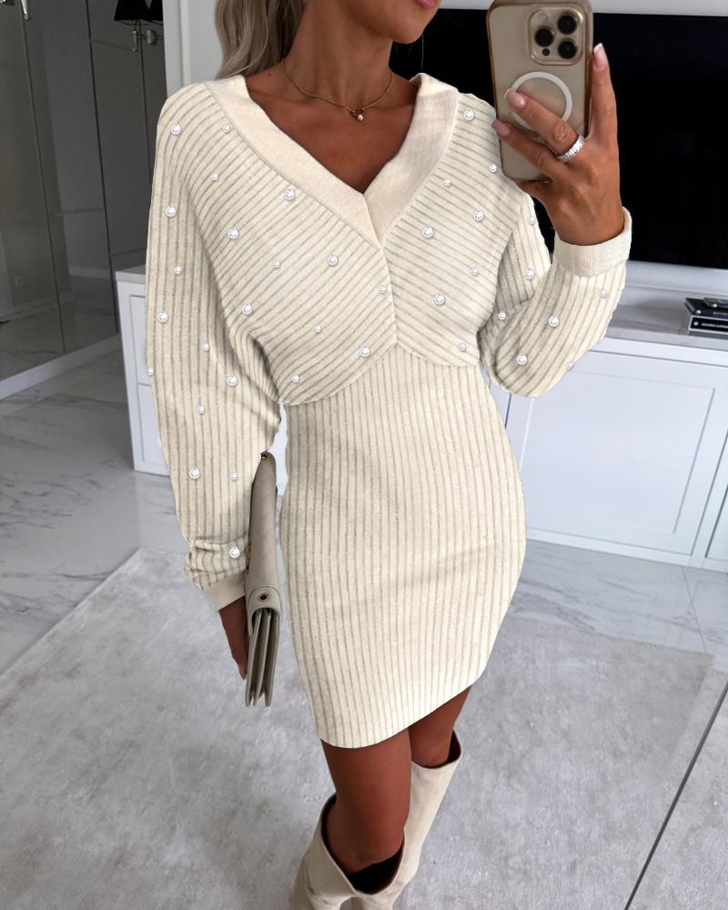 

V-Neck Beaded Long Sleeve Knit Sweater Dress, Apricot