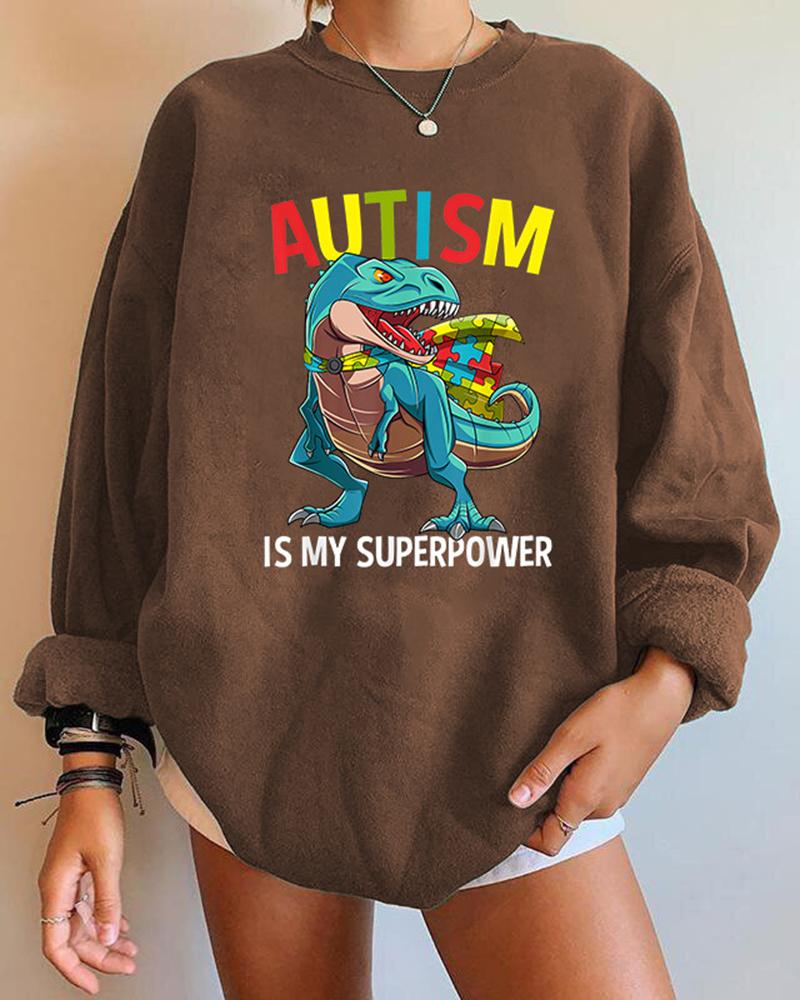 

Cartoon Dinosaur Letter Print Long Sleeve Sweatshirt, Coffee