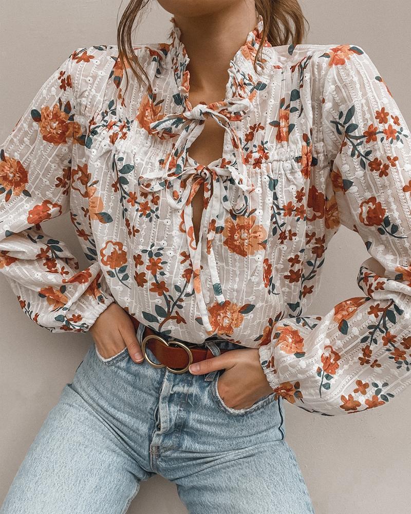 

Floral Print Tied Front Ruched Blouse, White