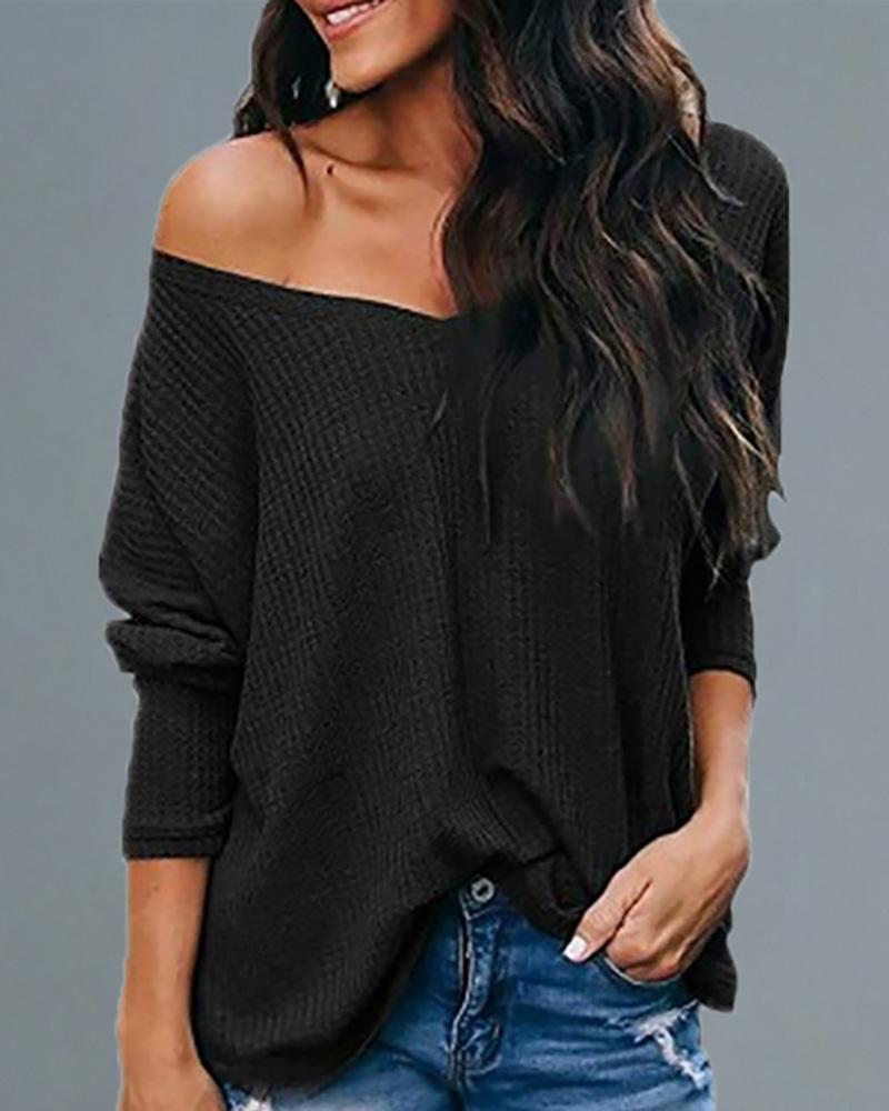 

Solid V Neck Long Sleeve Loose Blouse, Black