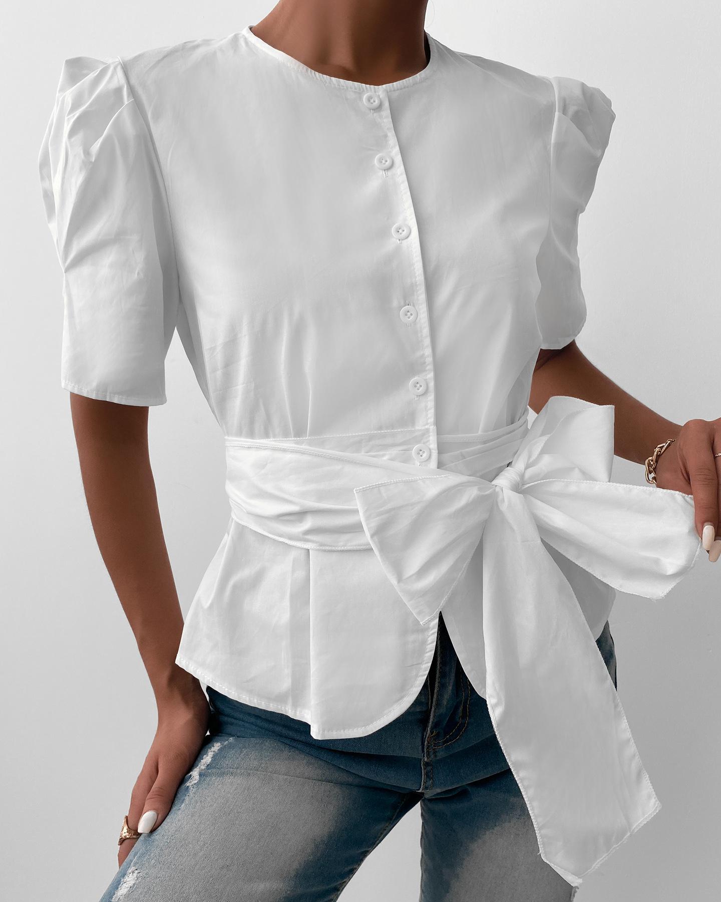 

Button Front Puff Sleeve Bowknot Decor Top, White