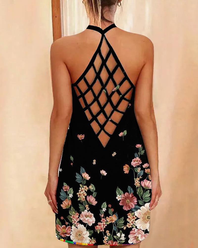 

Floral Print Halter Sleeveless Hollow Out Backless Dress, Black