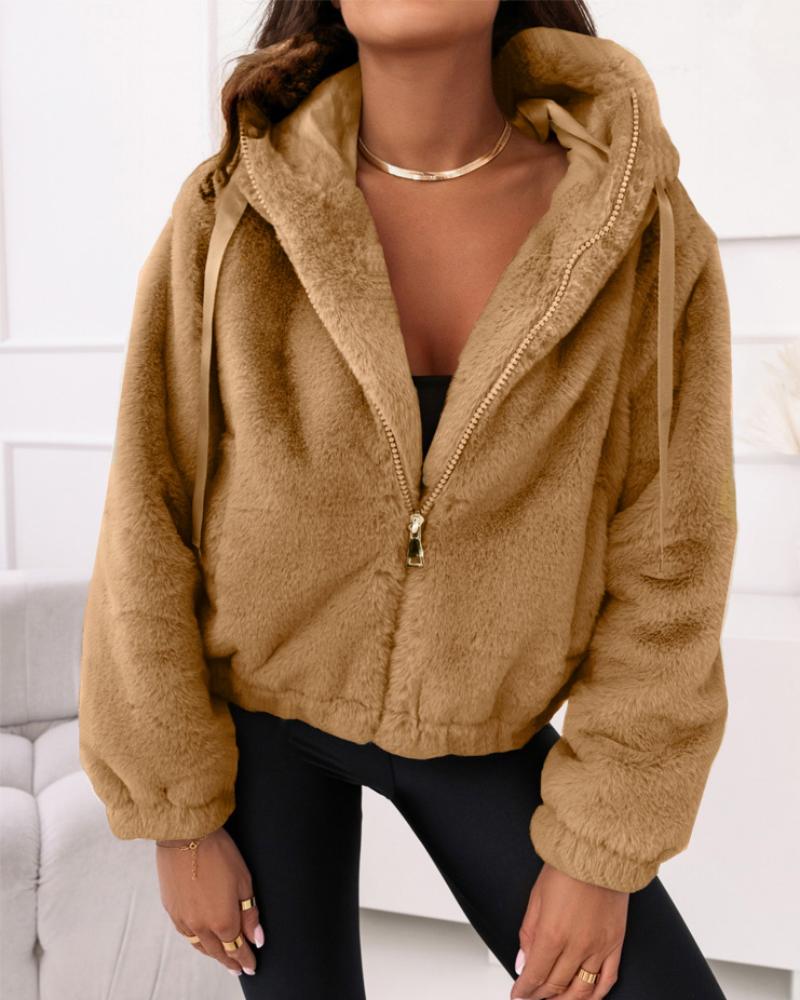 

Manteau en peluche thermique à capuche et fermeture éclair, Brown