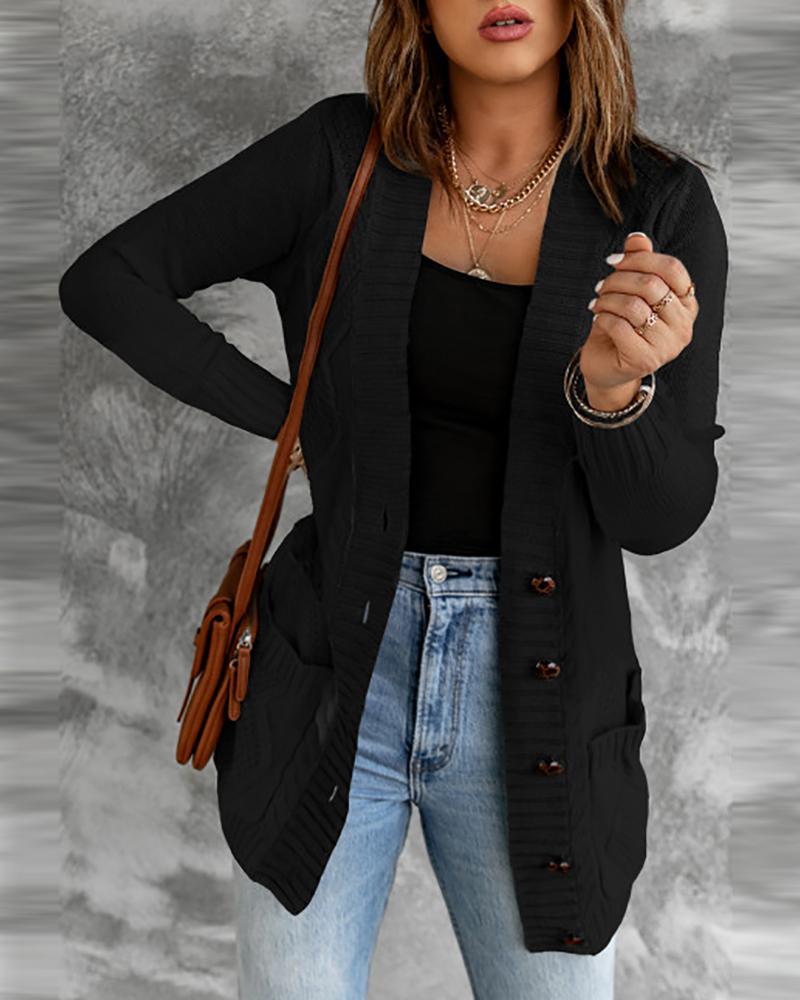 

Pocket Button Design Long Sleeve Braided Knit Cardigan, Black