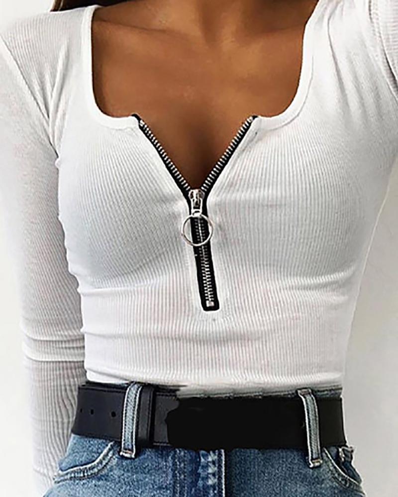 

Long Sleeve Zipper Design Blouse, White