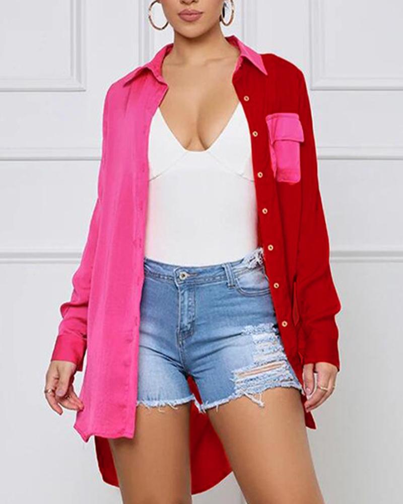 

Color Block Flap Detail High Low Button Up Shirt Dress, Pink