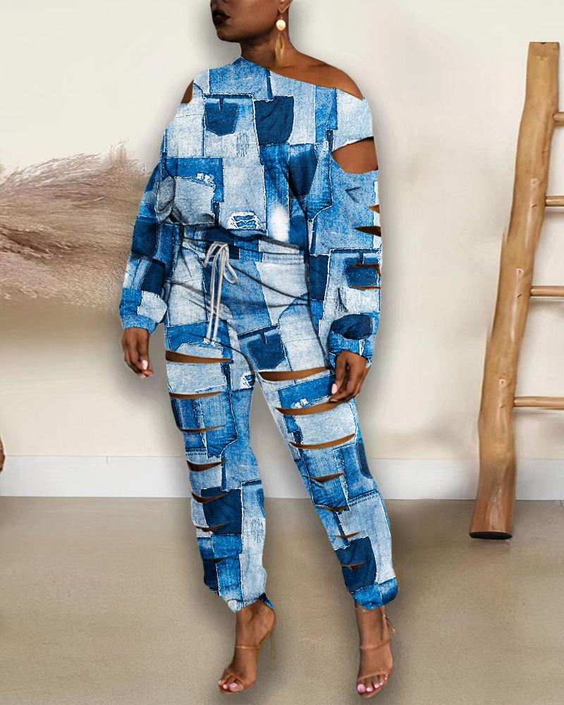 

Denim Look Print Ladder Cutout Top & Pants Set, Blue