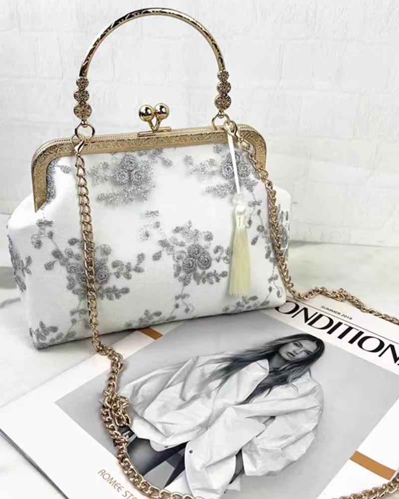 

Floral Embroidery Top Handle Tassel Vintage Bag, Light gray