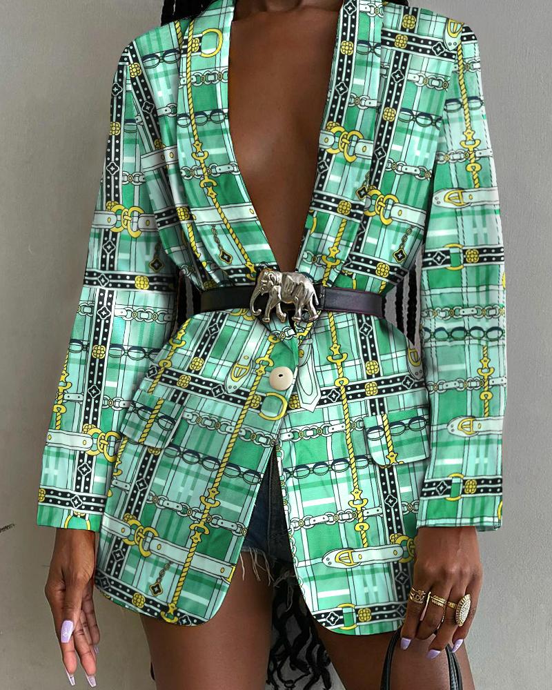 

Chain Print Shawl Collar Flap Detail Single Button Blazer, Green