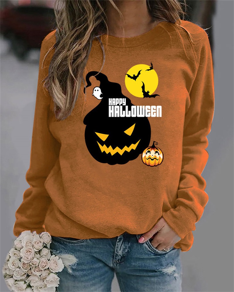 

Plus Size Halloween Graphic Print Long Sleeve Top, Brown
