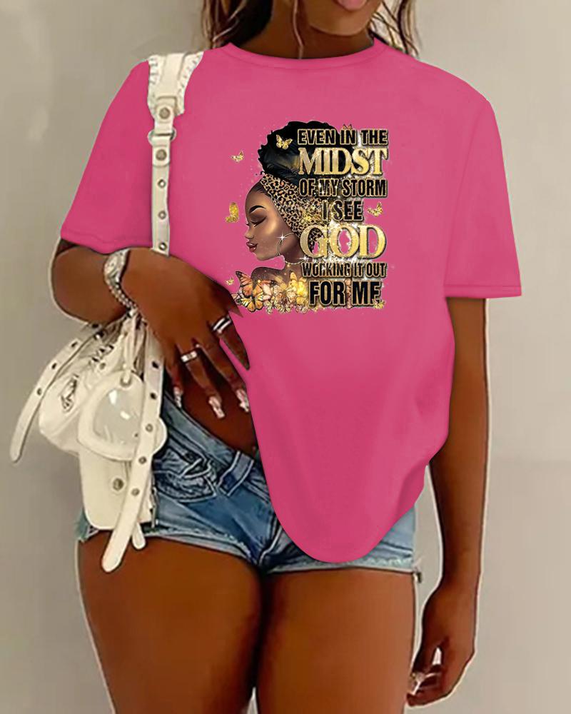 

Plus Size Figure GOD Slogan Print Casual T-shirt, Hot pink