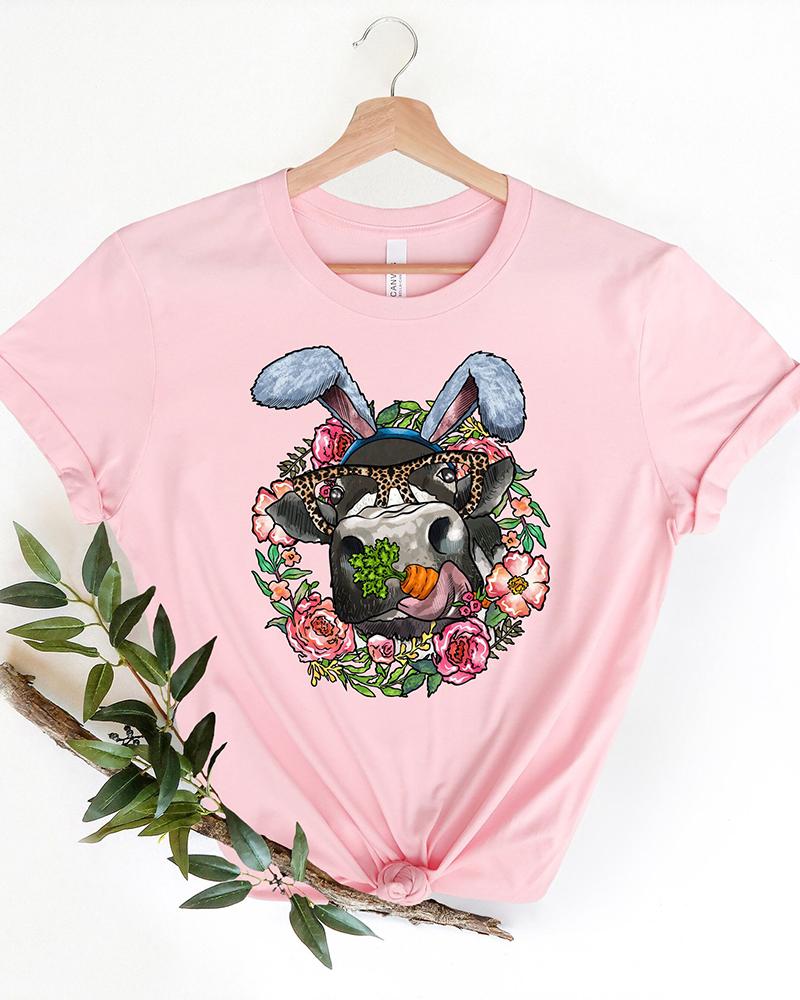 

Easter Cowboy Style Bunny Floral Print Casual T-shirt, Pink