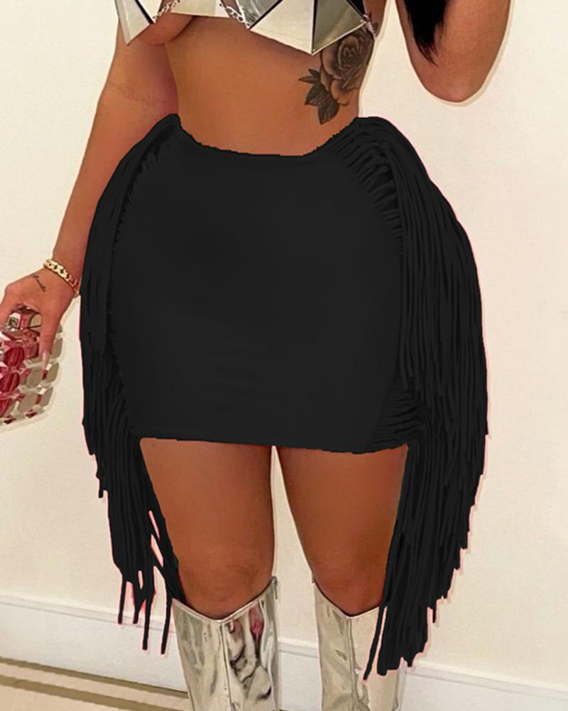 

Plain Tassel Trim Mini Skirt, Black