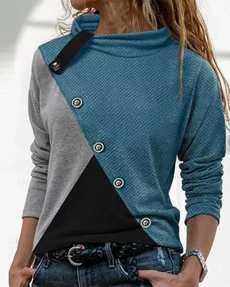 

Waffle knit Colorblock Buttoned Long Sleeve Top, Blue