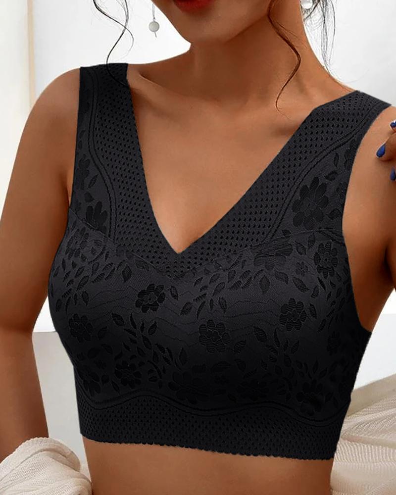 

Floral Lace Push Up Breathable Seamless Bra, Black