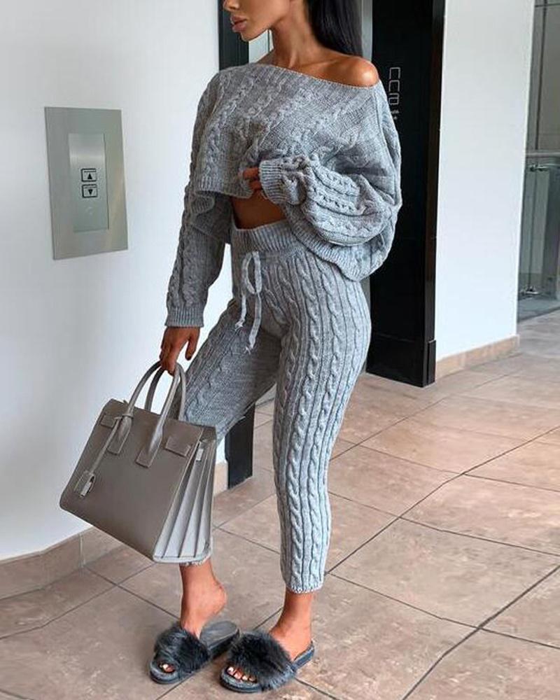 

Long Sleeve Cable Knit Sweater & Pants Set, Gray