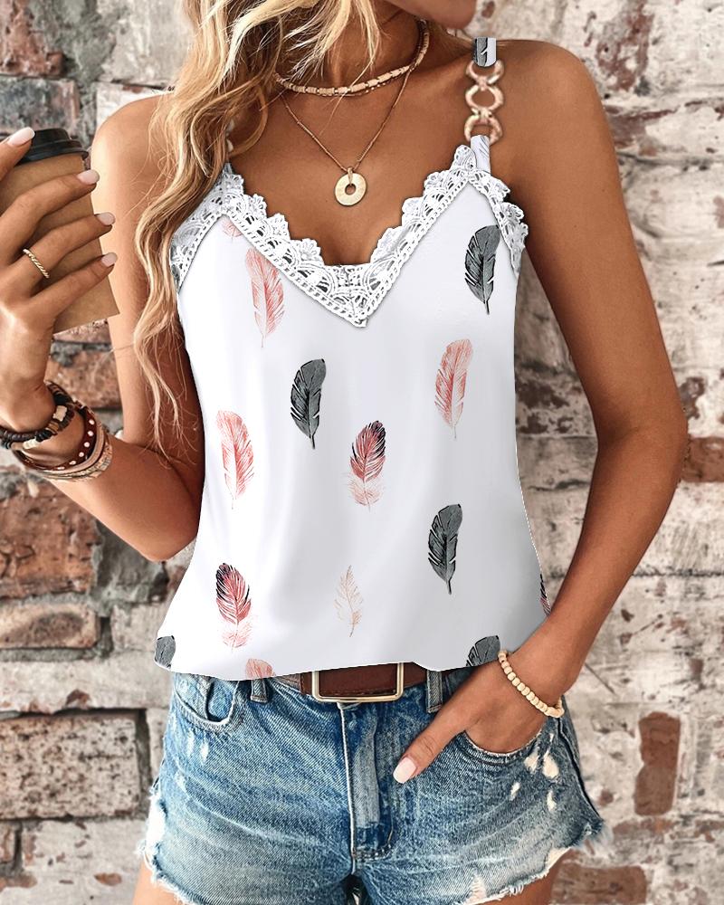 Feather Print Lace Patch Tank Top