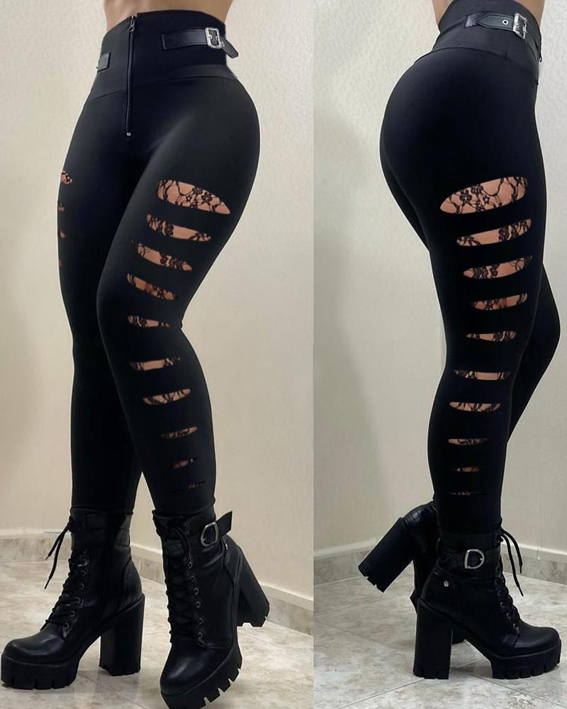 

Zip Fly Buckle Decor Contrast Lace High Waist Pants, Black