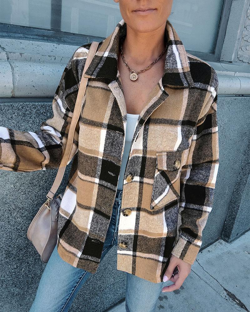

Plaid Print Pocket Button Design Long Sleeve Shacket, Khaki