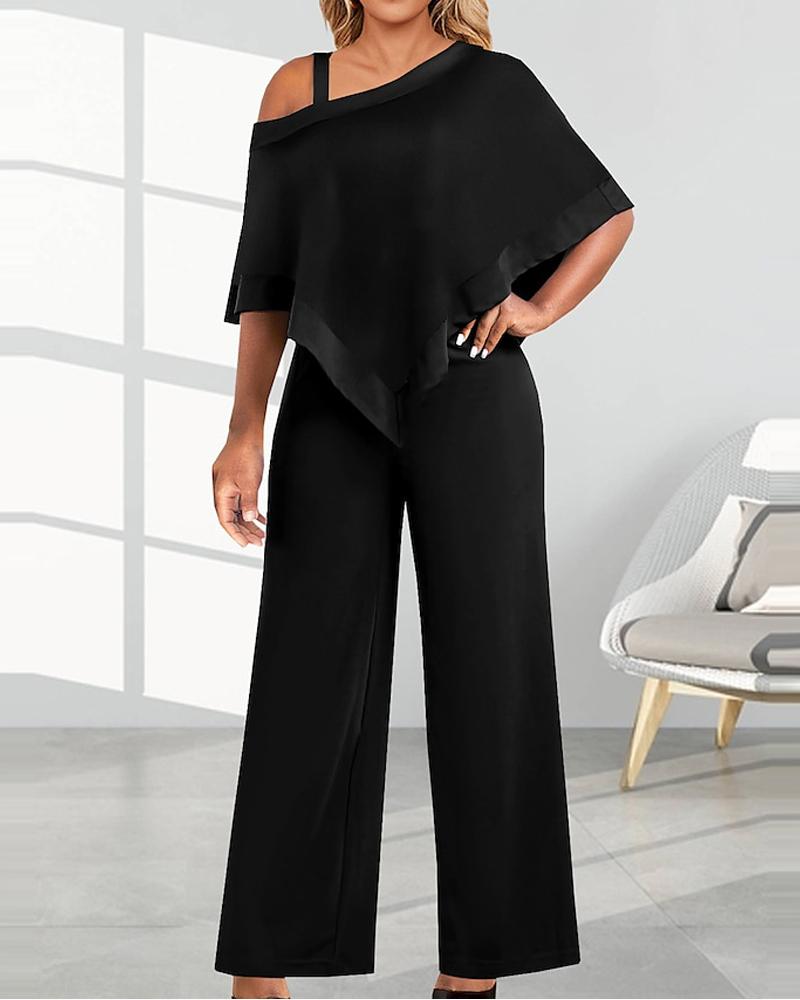 

Cold Shoulder Asymmetrical Top & Wide Leg Pants Set, Black