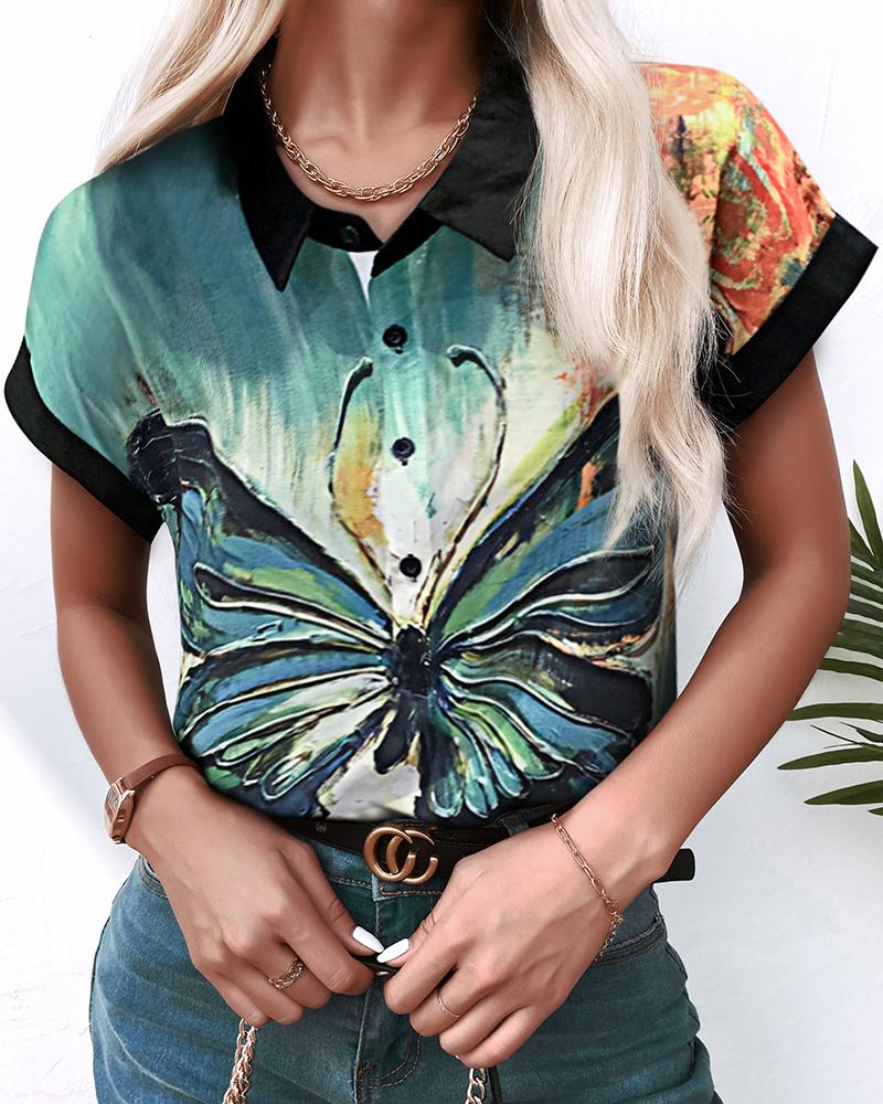 

Butterfly Figure Pattern Print Short Sleeve Shirt, Green
