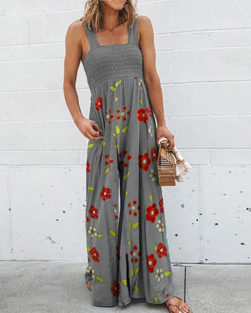 

Floral Print Shirring Detail Wide Leg Jumpsuit, Gray
