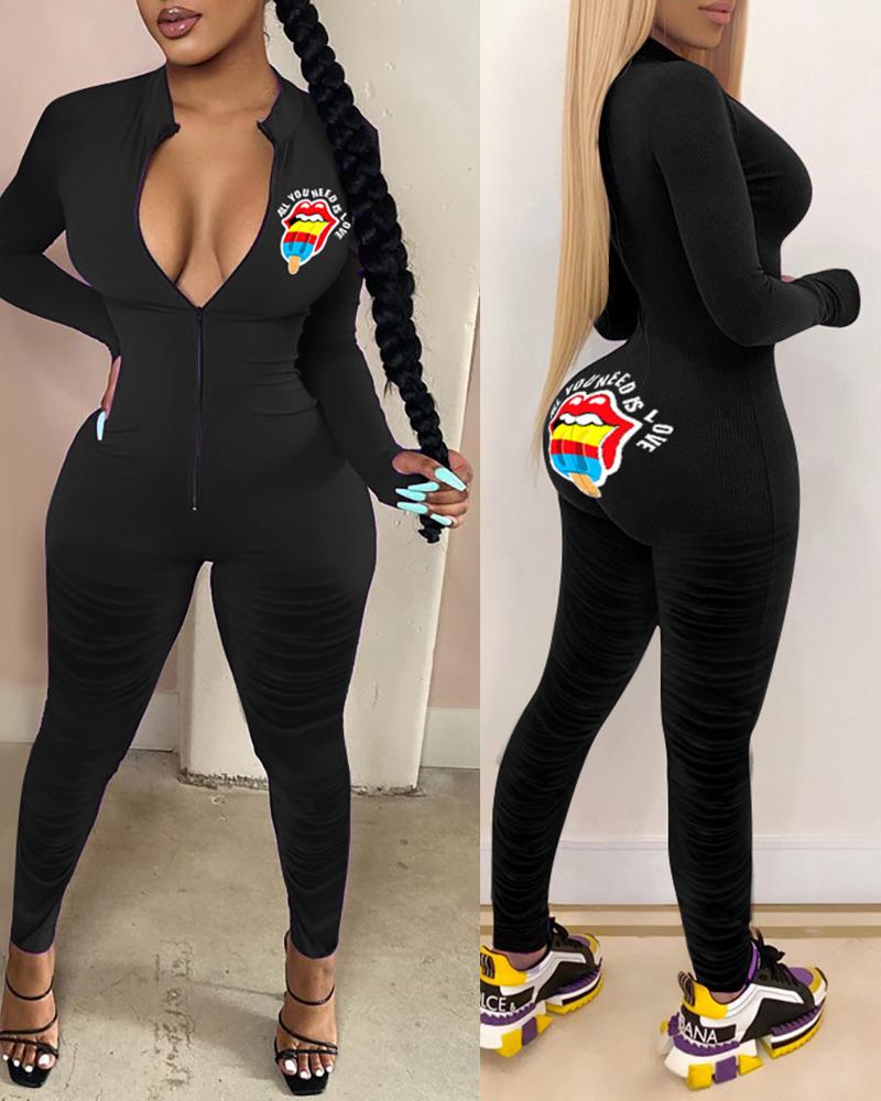 

Graphic Print Zipper Design Long Sleeve Fold Jumpsuit, Black