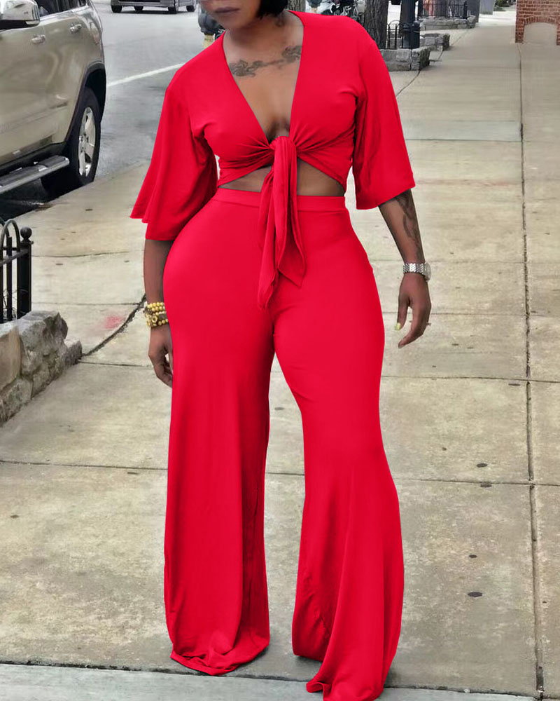 

Tied Detail Crop Top & Wide Leg Pants Set, Red