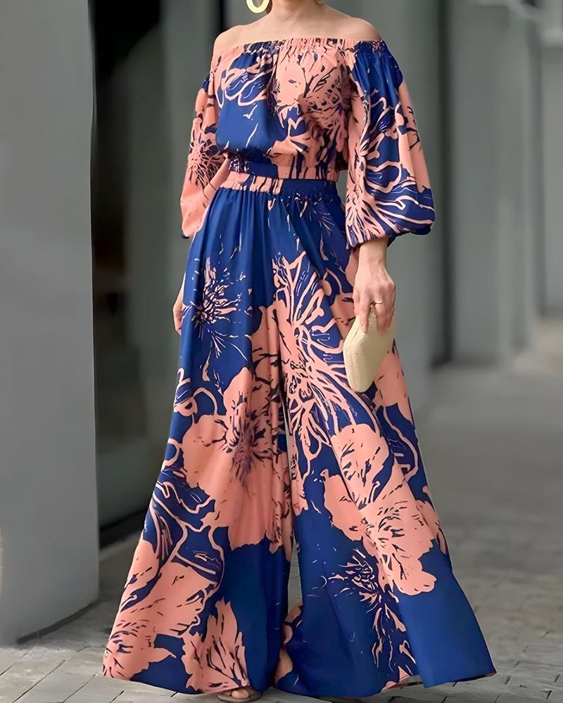 

Floral Print Off Shoulder Lantern Sleeve Top and Casual Floral Pants Set, Blue
