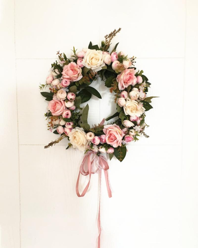 

Rose Flowers Wreath Artificial Garland Wreath With Ribbon For Front Door Wedding Christmas Party Wall Window Decoration, Pink