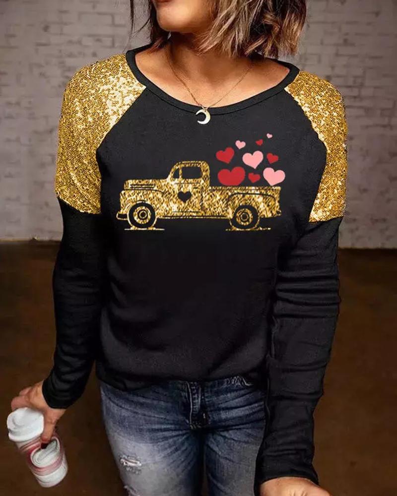 Valentine's Day Car Heart Print Round Neck Top