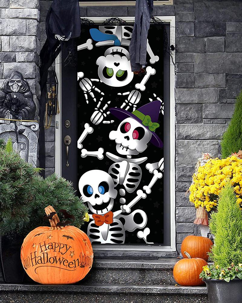 

3D Design Cute Skeleton Family Door Cover for Halloween Door Window and Wall Cover Decoration, Black