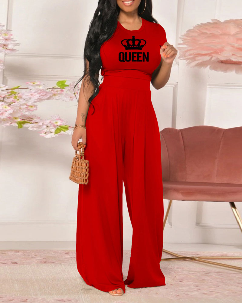 

Letter Crown Print Crop Top & Wide Leg Pants Set, Red