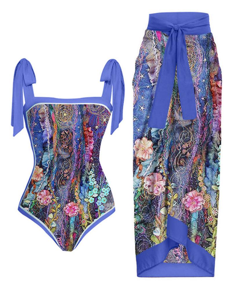 

Blue Plants Floral Print One Piece Swimsuit With Cover Up Skirt, Purple