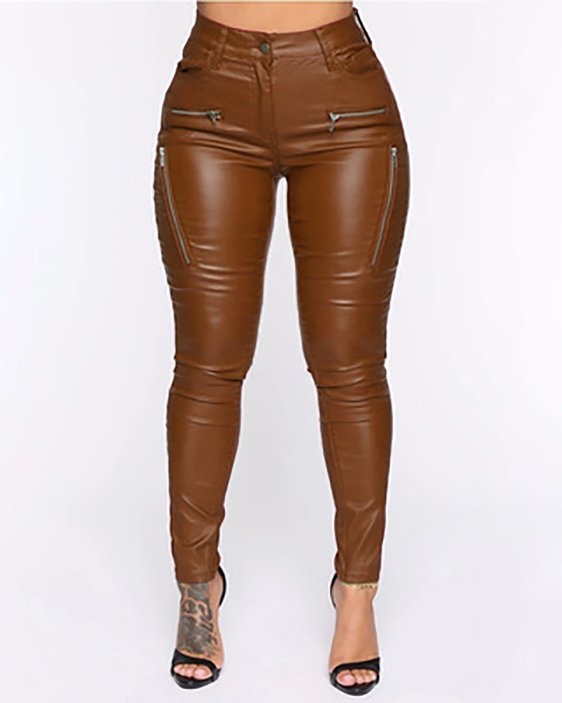 

PU Leather Zipper Design Pocket Design Pants, Brown