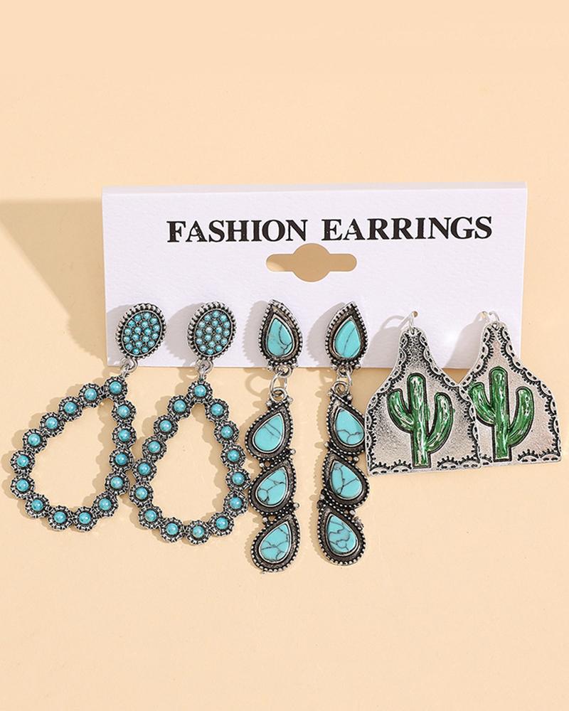 

3Pair Bohemian Turquoise Cactus Water Drop Shaped Earrings, Blue