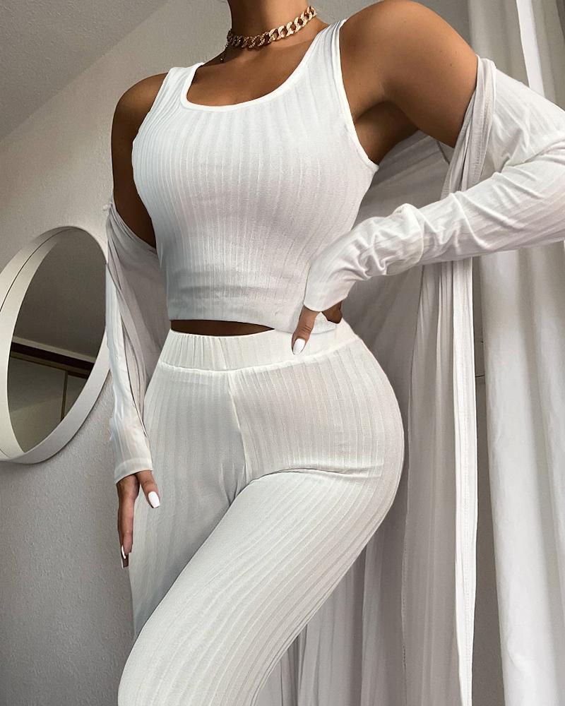 

U-Neck Tank Top & High Waist Pants Set With Cardigan, Beige