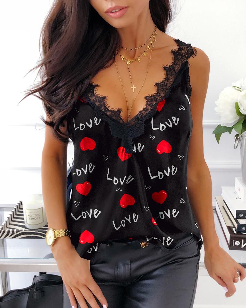 

Letter Heart Print Contrast Lace Tank Top, Black