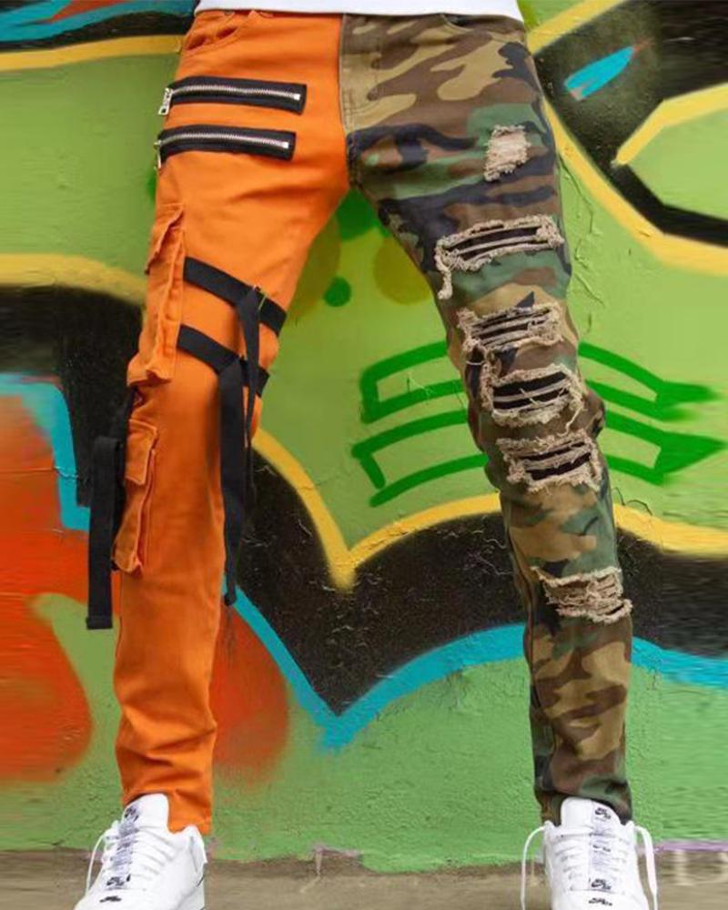

Color Block Splicing Camouflage Print Straight Skinny Jeans, Multicolor