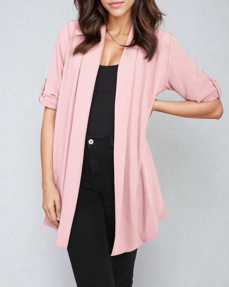 

Roll Up Sleeve Open Front Coat Cardigan Top, Light pink